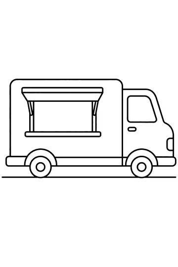 Strichzeichnung eines Foodtrucks von der Seite mit offenem Verkaufsfenster