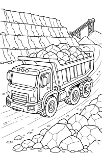 Dump Truck Loaded with Rocks at the Quarry coloring page free PDF