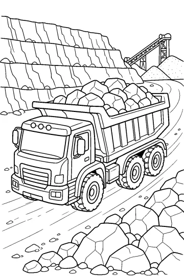 Camión volquete cargado de rocas en un camino de cantera, con paredes rocosas y cinta transportadora