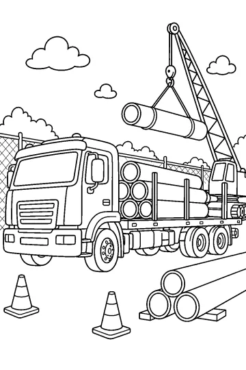Flatbed truck loaded with large pipes, a crane, fence and road cones