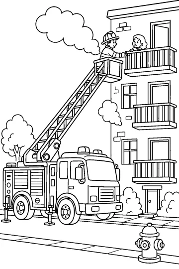 Camión de bomberos con escalera extendida hacia un balcón de un edificio