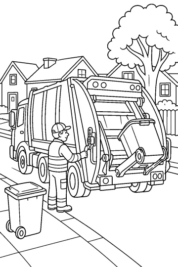 Vuilniswagen die een rolcontainer optilt met een medewerker, huizen en een boom