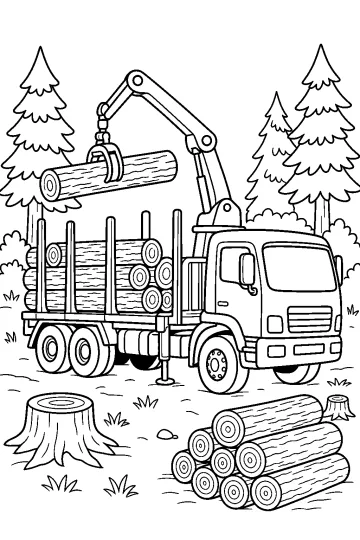 Log truck with a crane lifting a log in a forest, with trees, stumps, and a pile of logs.