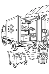 Camião frigorífico no mercado de legumes desenho para colorir PDF grátis
