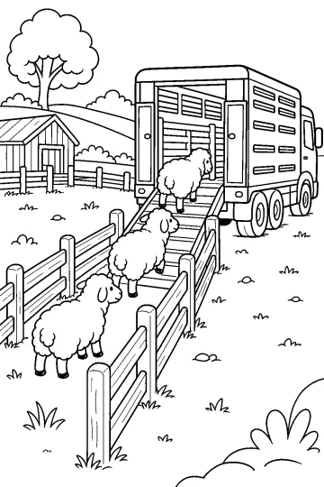 Ovejas subiendo por una rampa a un camión de ganado en una granja