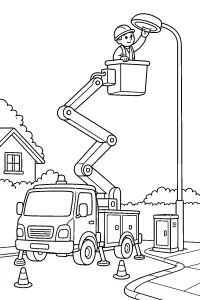 Camion con cestello ripara un lampione disegno da colorare PDF gratis