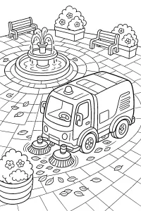 Camión barredora en la plaza con fuente dibujo para colorear PDF gratis
