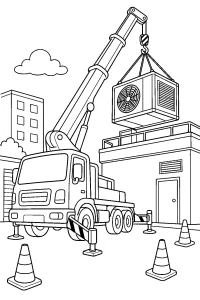 Crane Truck Lifting an Air Unit to a Roof coloring page free PDF