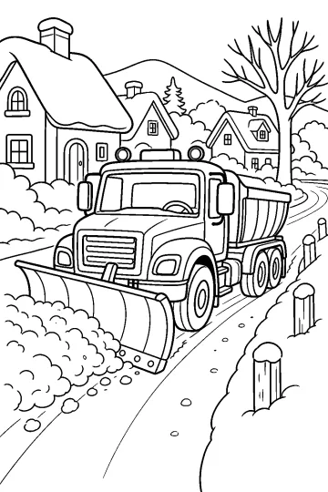 Snowplow truck with a front blade on a snowy village road