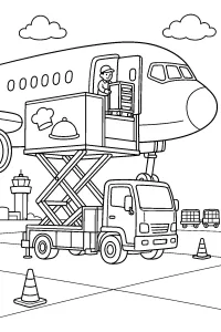 Camion catering con piattaforma vicino all'aereo disegno da colorare PDF gratis