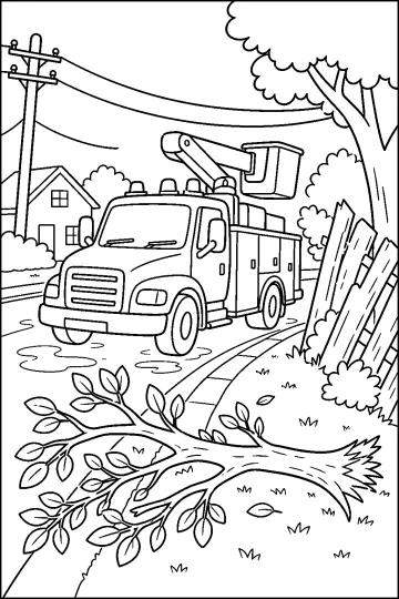Disegno da colorare di un'autopompa con scala su una strada accanto a un grande ramo caduto