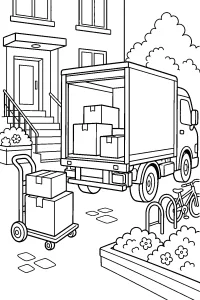 Camion de livraison devant l'immeuble dessin à colorier PDF gratuit