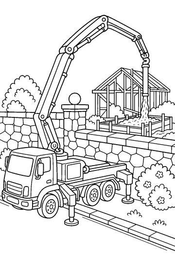 Camion pompe à béton avec bras articulé au-dessus d'un mur en pierre près d'une maison en construction
