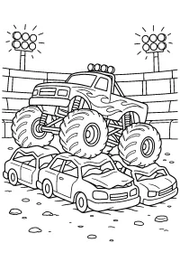 Monster truck sopra auto schiacciate disegno da colorare PDF gratis