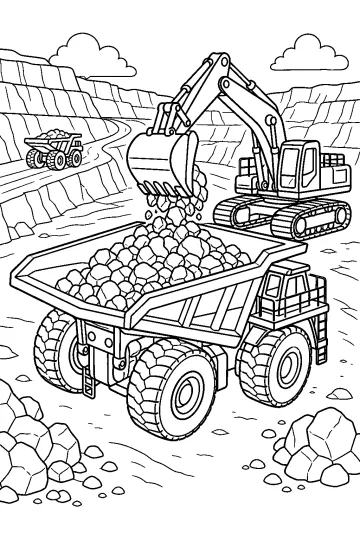Grand camion minier rempli de rochers près d'une excavatrice et d'un petit camion dans une carrière