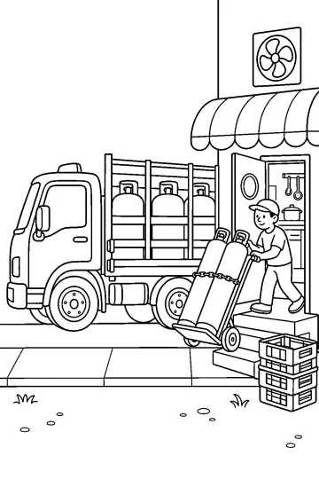 Disegno di un camion con bombole, carrello e uomo davanti all'ingresso di una cucina
