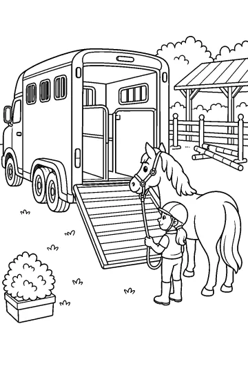 Camión para caballos con rampa bajada, caballo y niño junto a una valla