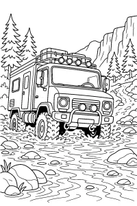 Camion fuoristrada nel fiume roccioso disegno da colorare PDF gratis