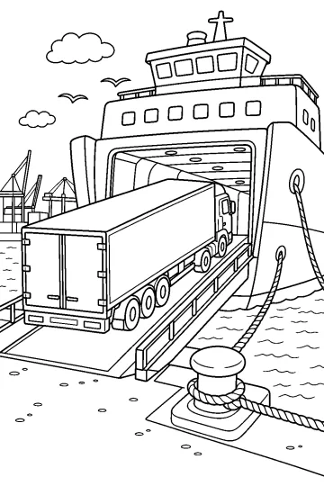 Vrachtwagen op de laadbrug van een veerboot in de haven