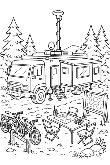 Camion de commandement avec module latéral ouvert, antenne, vélos, table et panneau avec carte en forêt