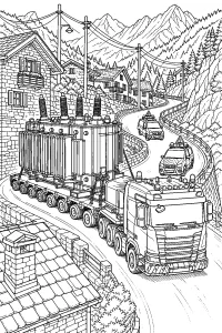Camion con trasformatore in un villaggio di montagna disegno da colorare PDF gratis