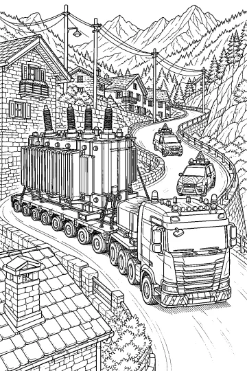 Heavy truck with a multi-axle trailer carrying a large transformer through a mountain village