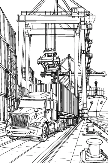 Camion con container sotto una grande gru portuale, con container impilati e nave sullo sfondo.