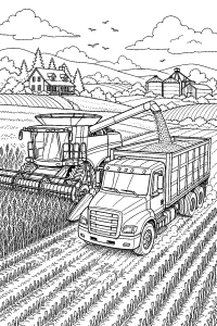 Camion del grano accanto alla mietitrebbia disegno da colorare PDF gratis