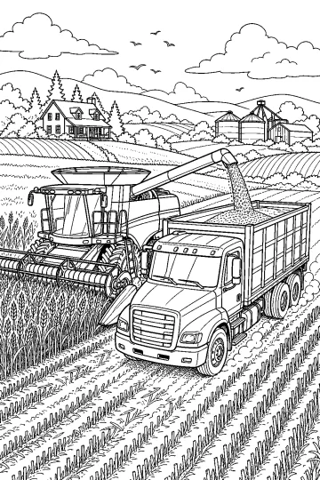Camion del grano accanto a una mietitrebbia che scarica il raccolto in un campo