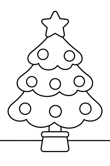 Disegno da colorare di un albero di Natale con stella, palline rotonde e vaso