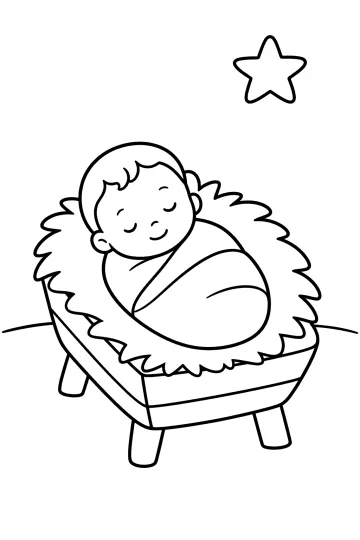 Baby Jesus wrapped in a blanket in a manger with straw and a star above