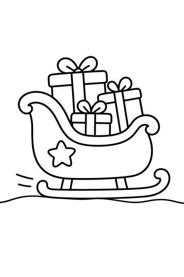 Dibujo para colorear de un trineo con regalos envueltos, lazos y una estrella.