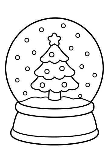Dibujo para colorear de una bola de nieve con árbol de Navidad y estrella