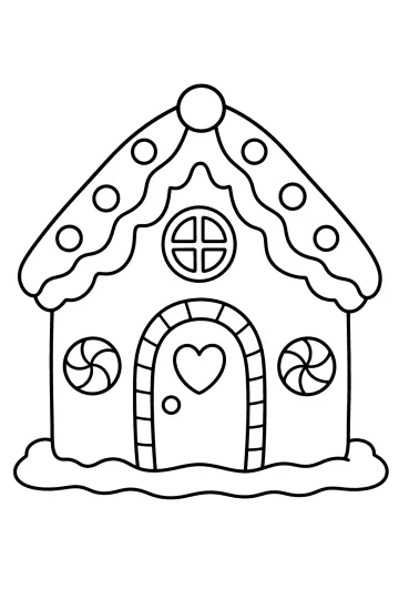 Disegno da colorare di una casetta di pan di zenzero con tetto glassato, caramelle e porta con cuore.