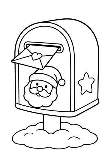 Cassetta postale natalizia con una lettera, il volto di Babbo Natale, una stella e neve alla base