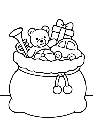Open Christmas sack with a teddy bear, car, present, horn, and ball