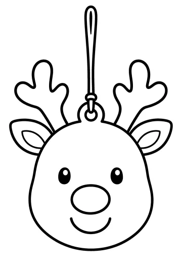 Dibujo para colorear de un reno navideño para colgar con cuernos, orejas, nariz redonda y cordón