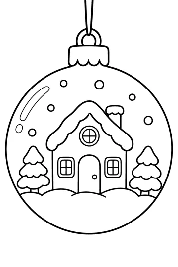 Bola de Navidad colgada con casa nevada, árboles y copos de nieve