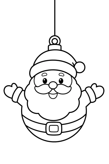 Pallina natalizia rotonda con il volto di Babbo Natale, cappello, barba, cintura e braccia aperte, appesa a un filo.