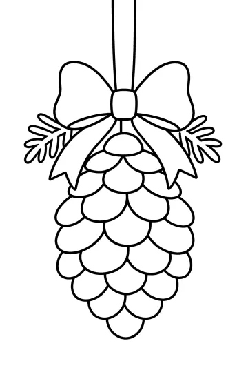 Coloriage d'une pomme de pin de Noël suspendue avec un grand nœud et des rameaux