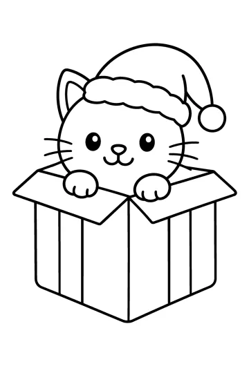Cat wearing a Christmas hat peeking out of an open gift box