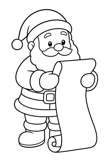 Coloring page of Santa Claus holding a long rolled list