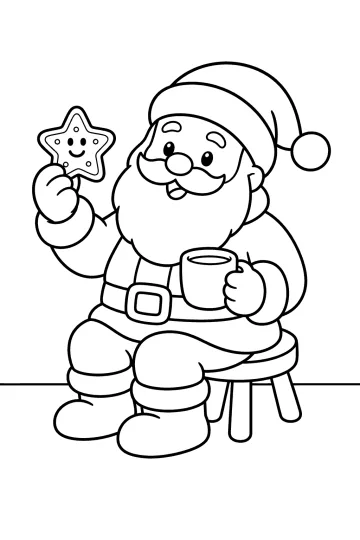 Babbo Natale seduto su uno sgabello con una tazza e un biscotto a forma di stella
