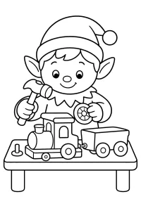 Christmas Elf with Hammer and Toy Train coloring page free PDF