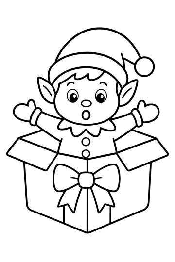 Lutin de Noël aux bras ouverts sortant d'une boîte cadeau avec un nœud