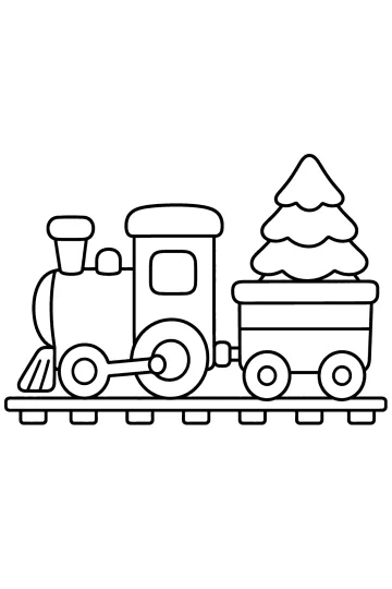 Disegno da colorare di un trenino con un abete nel vagone su un binario
