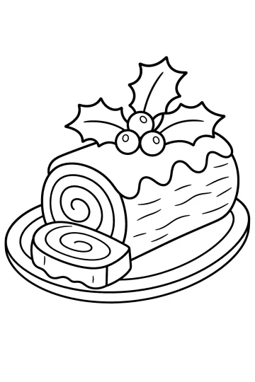 Disegno da colorare di un ceppo natalizio con una fetta a spirale, glassa ondulata, agrifoglio e bacche su un vassoio.