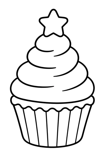Cupcake navideño con crema en espiral, molde rayado y una estrella grande arriba