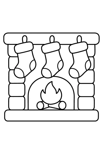 Dibujo de una chimenea de ladrillos con tres calcetines colgados y un fuego