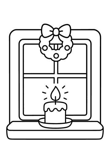 Dibujo para colorear de una ventana con vela sobre el alféizar y corona con lazo.